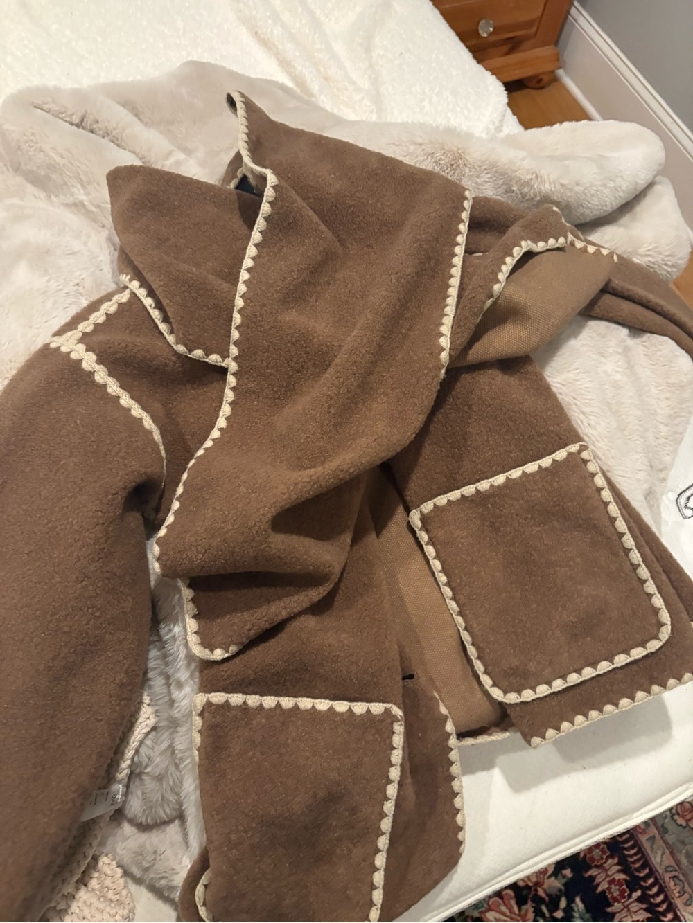 BCBG max Brown Hooded Wool Coat with Cream Trim